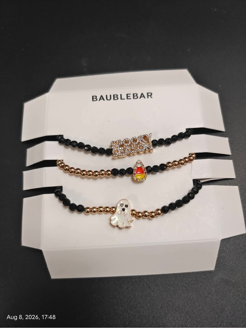 NWOT BaubleBar Black, Gold & Black Halloween Charm Stretch Bracelet Set